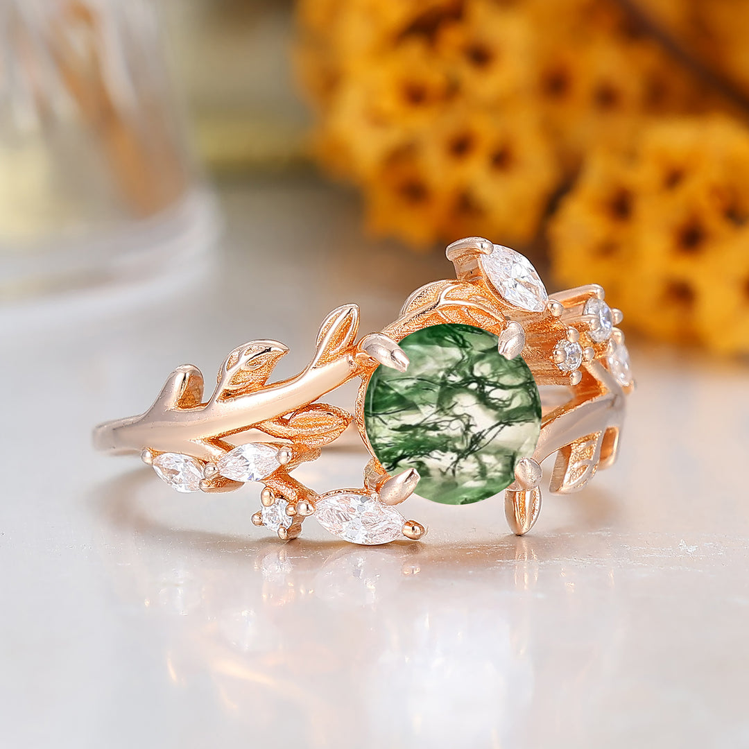 14k Rose Gold Moss Agate  round cut nature inspired Leaf Vine Bypass ring
