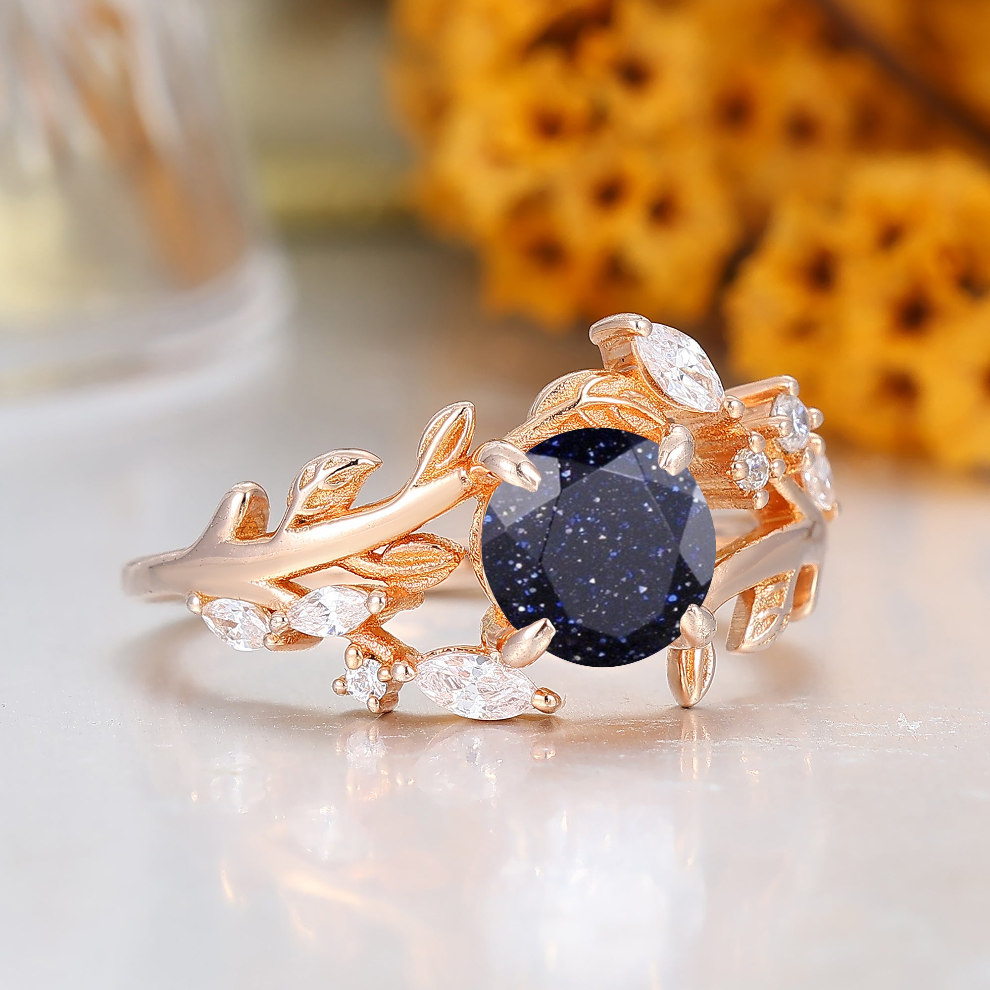 Leaf Inspired Round Cut Blue Sandstone Women Ring 14K Solid Gold