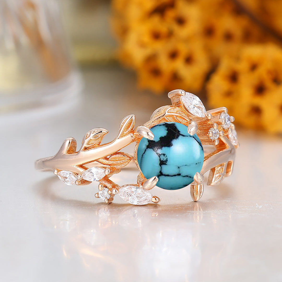 Leaf Inspired Round Cut Turquoise Engagement Ring Solid Rose Gold Anniversary Ring For Women