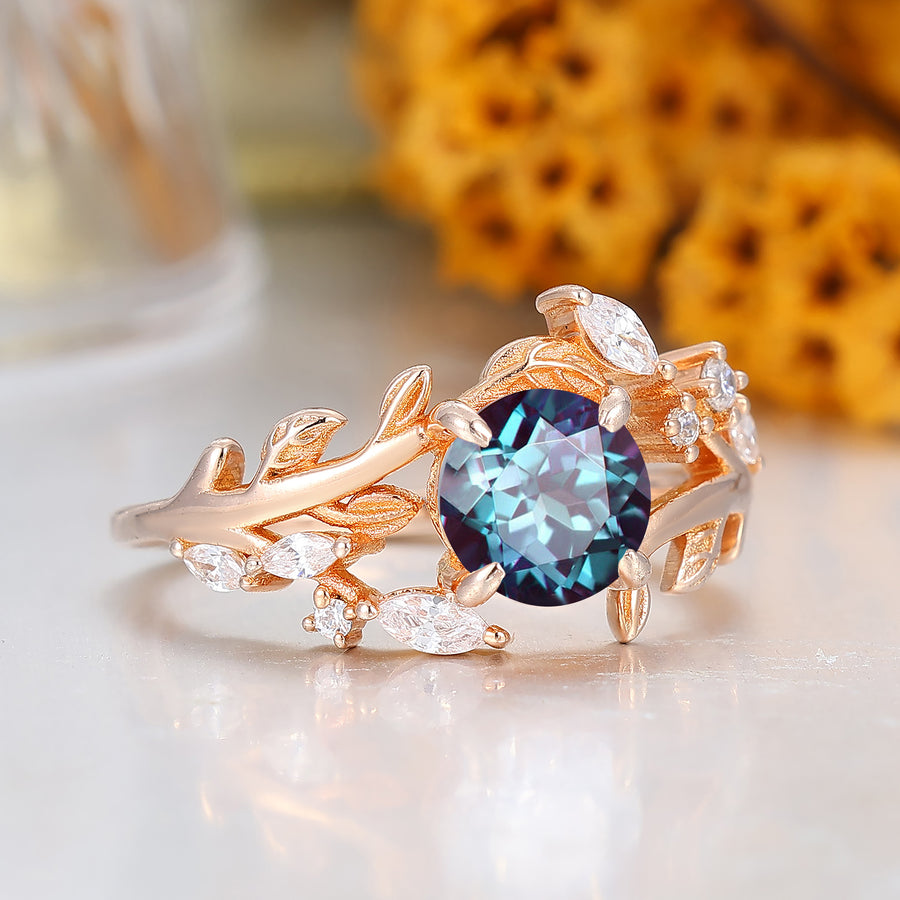Artsy Floral Leaf Round Alexandrite Bridal Ring Solid Rose Gold Wedding Ring For Her