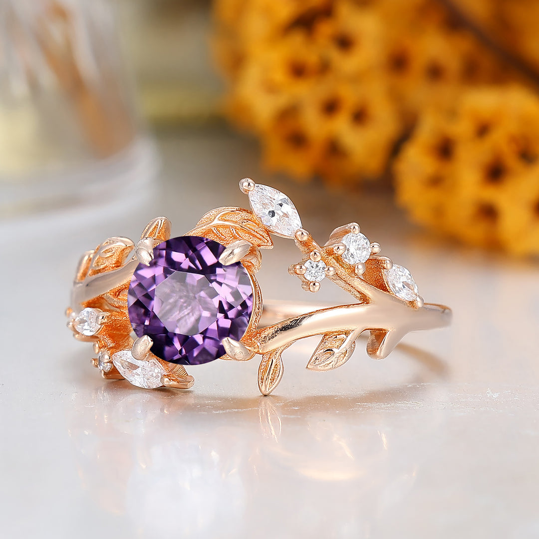 14k Rose Gold Natural Amethyst round cut nature inspired Leaf Vine Bypass ring