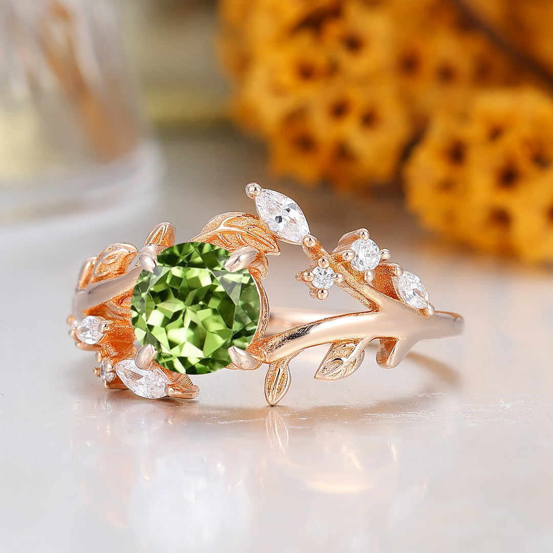 Leaf Vine Style Round Cut Peridot Engagement Ring 14K Rose Gold Anniversary Bridal Ring