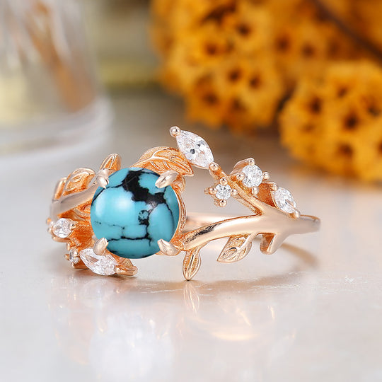 Leaf Inspired Round Cut Turquoise Engagement Ring Solid Rose Gold Anniversary Ring For Women