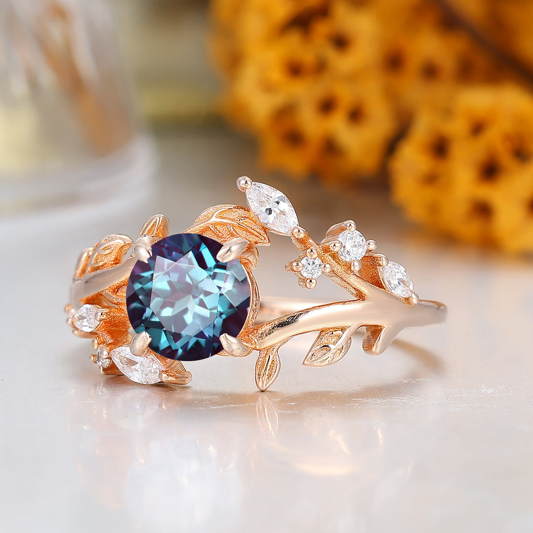Artsy Floral Leaf Round Alexandrite Bridal Ring Solid Rose Gold Wedding Ring For Her