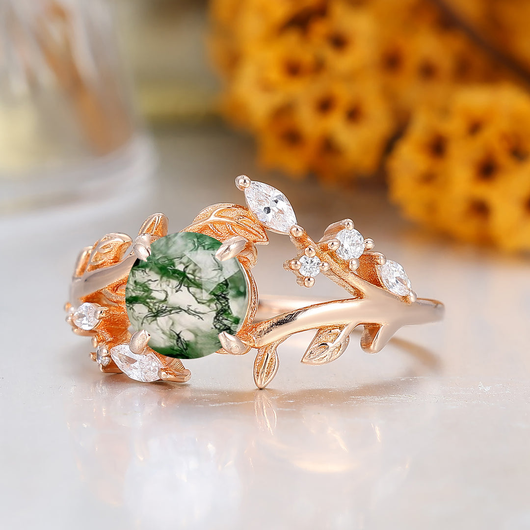 14k Rose Gold Moss Agate  round cut nature inspired Leaf Vine Bypass ring