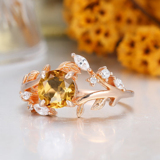 Leaf Inspired Round Cut Citrine Engagement Ring Solid Rose Gold Anniversary Ring For Women