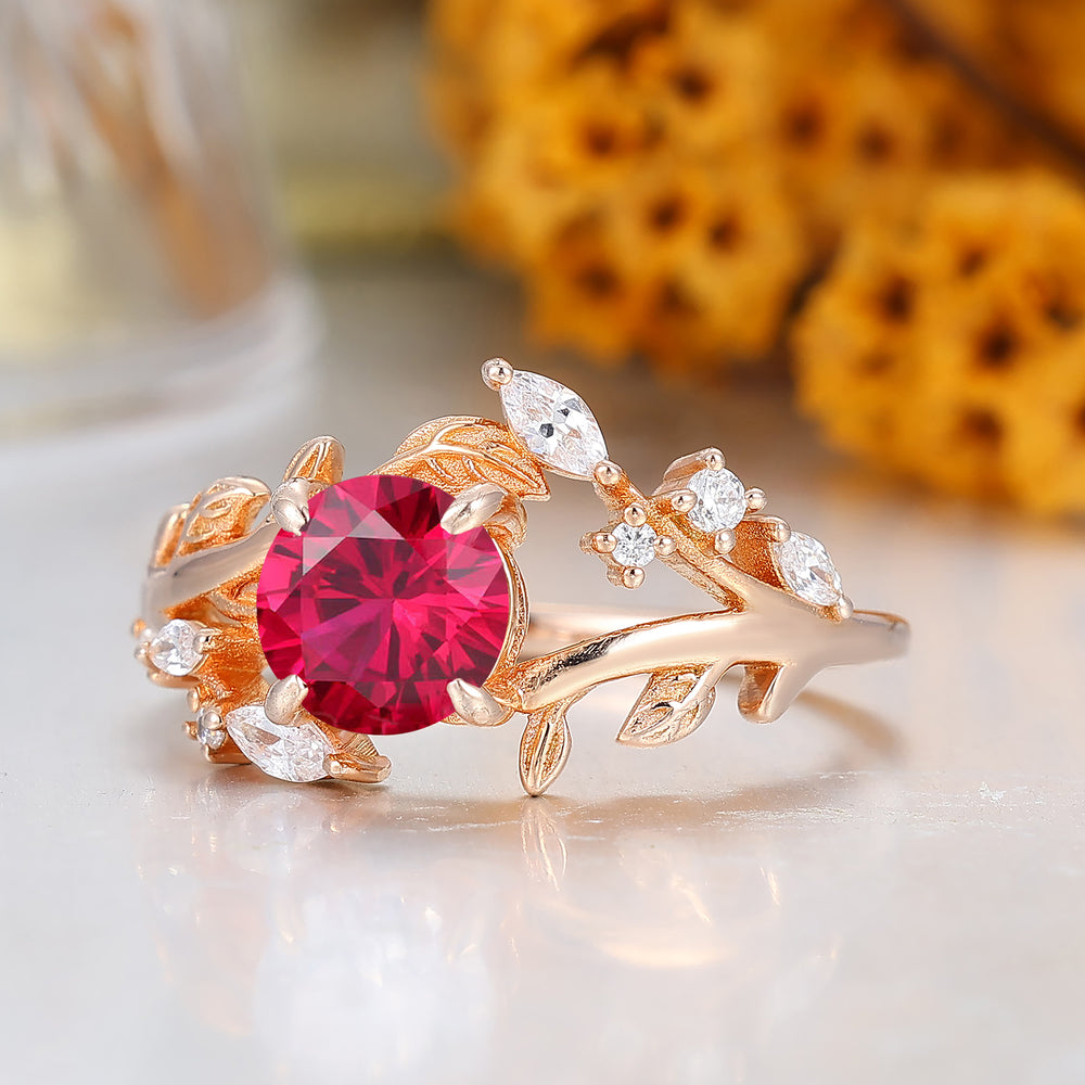 Leaf Inspired Round Cut Ruby Engagement Ring Solid Rose Gold Anniversary Ring For Women