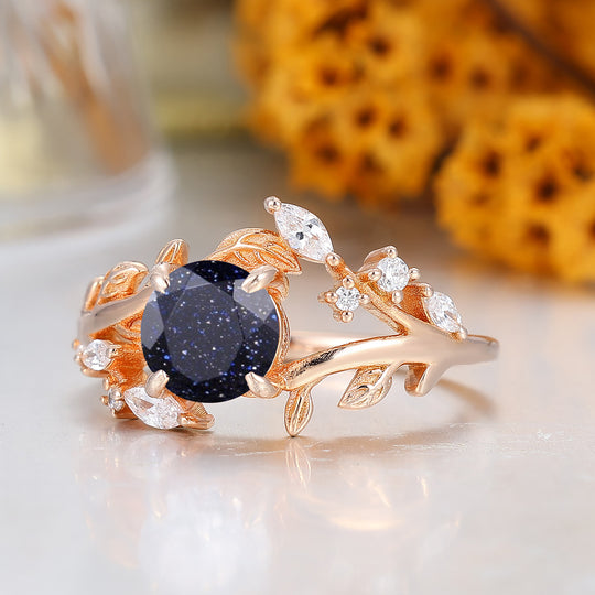 Leaf Inspired Round Cut Blue Sandstone Women Ring 14K Solid Gold Anniversary Bridal Ring