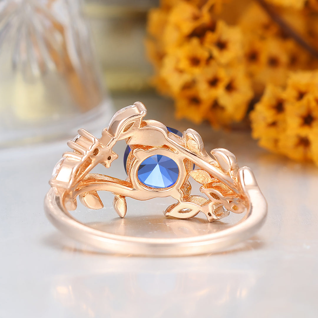 14k Rose Gold Sapphire round cut nature inspired Leaf Vine Bypass ring