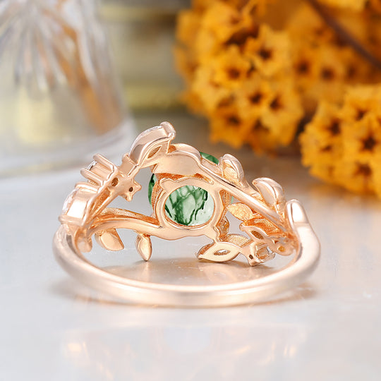 14k Rose Gold Moss Agate  round cut nature inspired Leaf Vine Bypass ring
