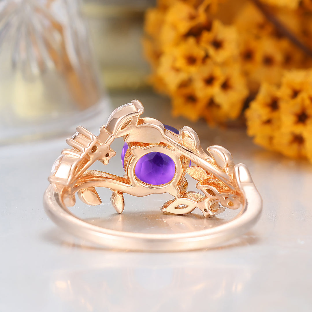 14k Rose Gold Natural Amethyst round cut nature inspired Leaf Vine Bypass ring
