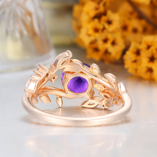 14k Rose Gold Natural Amethyst round cut nature inspired Leaf Vine Bypass ring