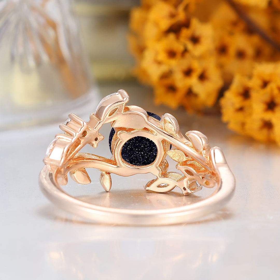Leaf Inspired Round Cut Blue Sandstone Women Ring 14K Solid Gold Anniversary Bridal Ring