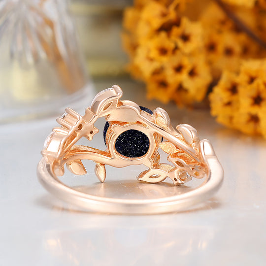 Leaf Inspired Round Cut Blue Sandstone Women Ring 14K Solid Gold Anniversary Bridal Ring