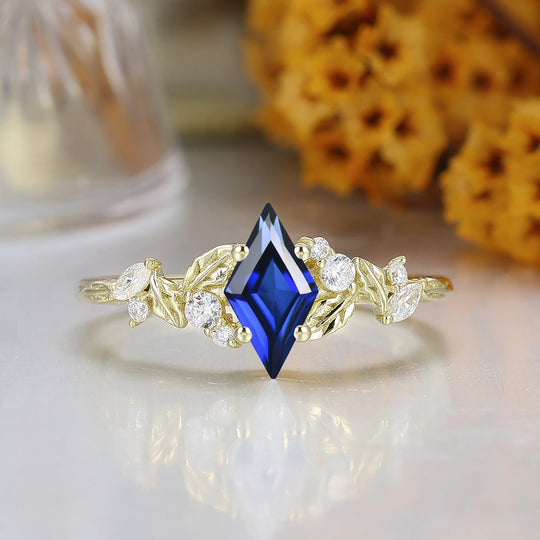 Blad geïnspireerde ruitvormige geslepen saffier verlovingsring massief gouden dames trouwring