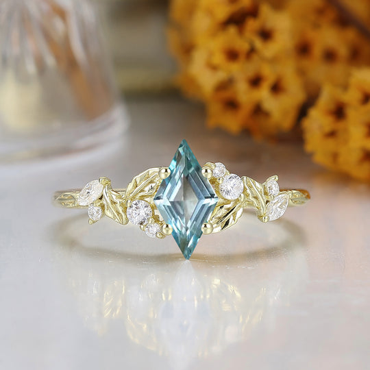 Natural Inspired Rhombus Shape Aquamarine Engagement Ring Leaf Style March Birthstone Bridal Ring