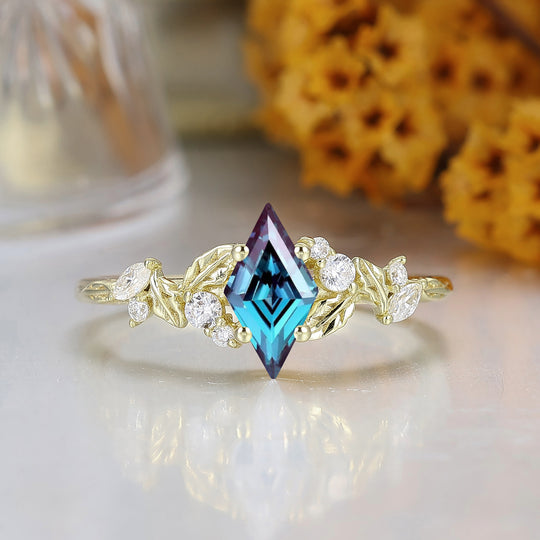 Natural Inspired Rhombus Shape Alexandrite Engagement Ring Leaf Style March Birthstone Bridal Ring
