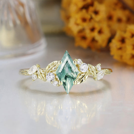 Natural Inspired Rhombus Shape  Moss Agate Engagement Ring Leaf Style Bridal Ring
