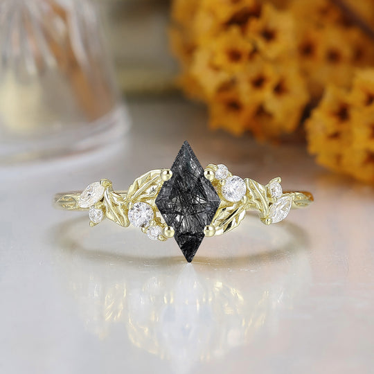 Blad-geïnspireerde ruitvormige geslepen zwarte rutielkwarts verlovingsring massief gouden dames trouwring