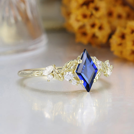 Blad geïnspireerde ruitvormige geslepen saffier verlovingsring massief gouden dames trouwring