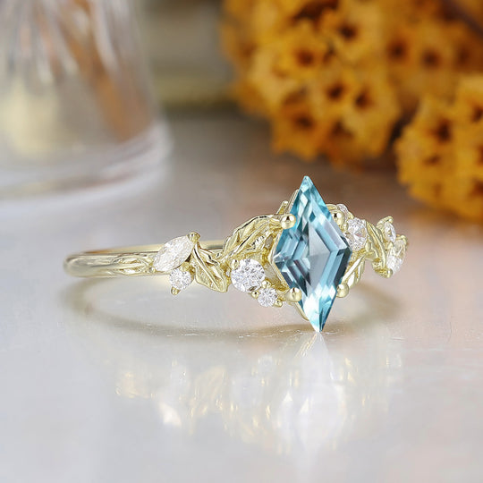 Natural Inspired Rhombus Shape Aquamarine Engagement Ring Leaf Style March Birthstone Bridal Ring