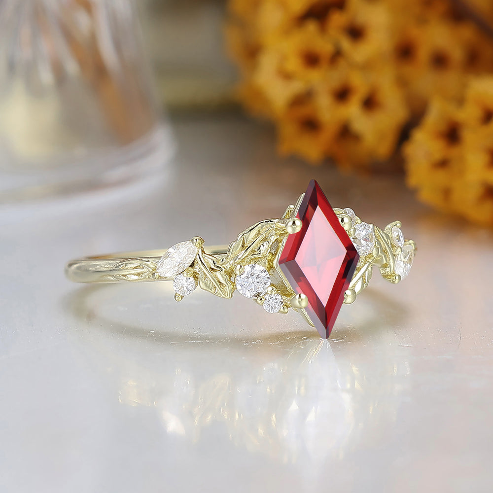 Leaf Inspired Rhombus Cut Natural Red Garnet Engagement Ring Solid Gold Women Wedding Ring