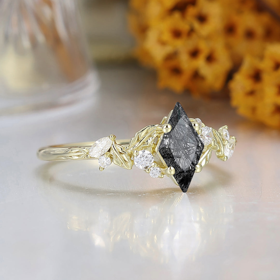 Blad-geïnspireerde ruitvormige geslepen zwarte rutielkwarts verlovingsring massief gouden dames trouwring