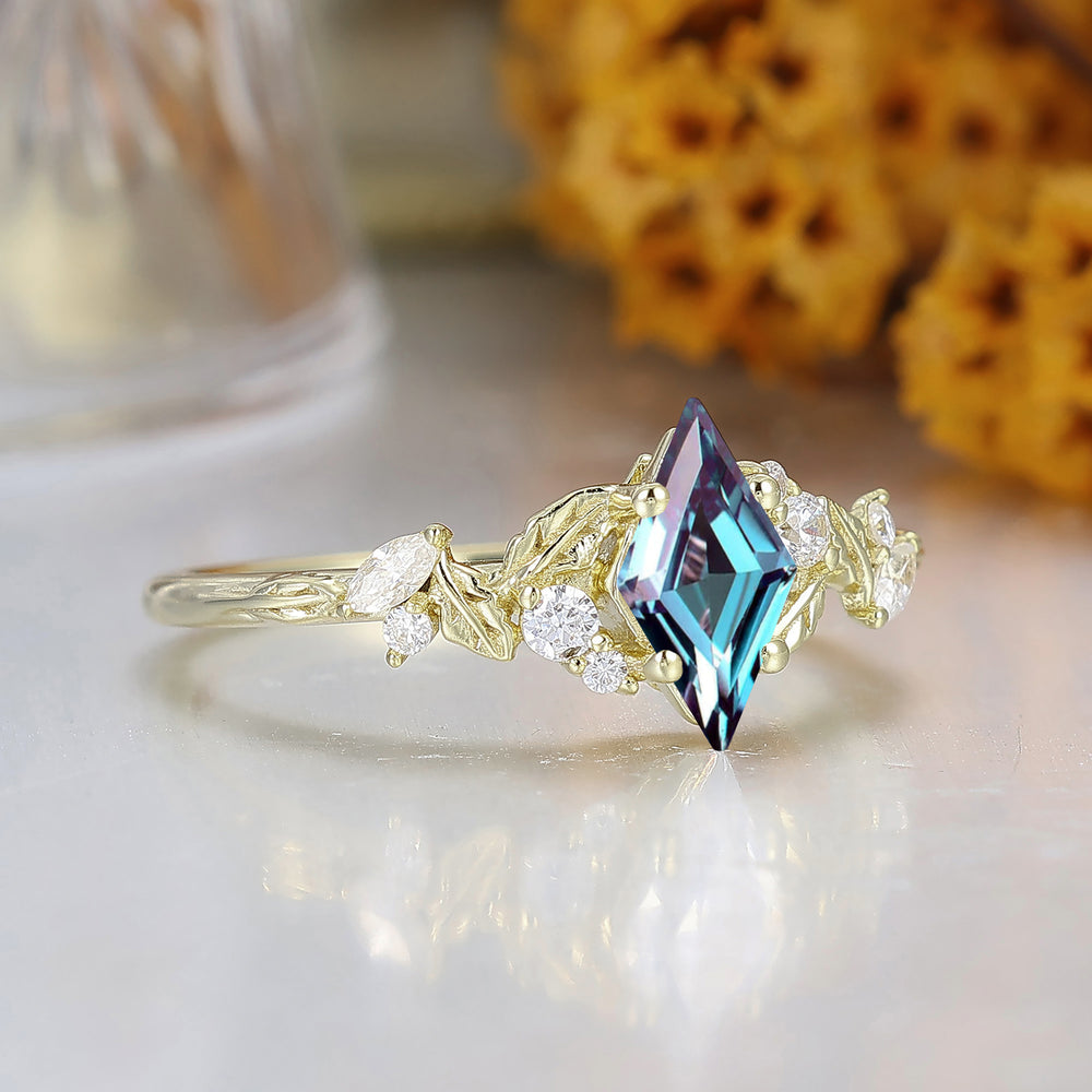 Natural Inspired Rhombus Shape Alexandrite Engagement Ring Leaf Style March Birthstone Bridal Ring