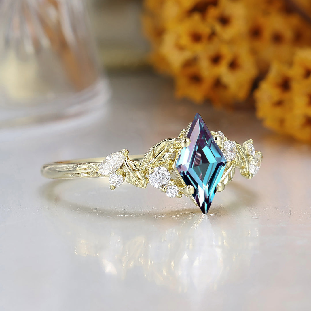Natural Inspired Rhombus Shape Alexandrite Engagement Ring Leaf Style March Birthstone Bridal Ring