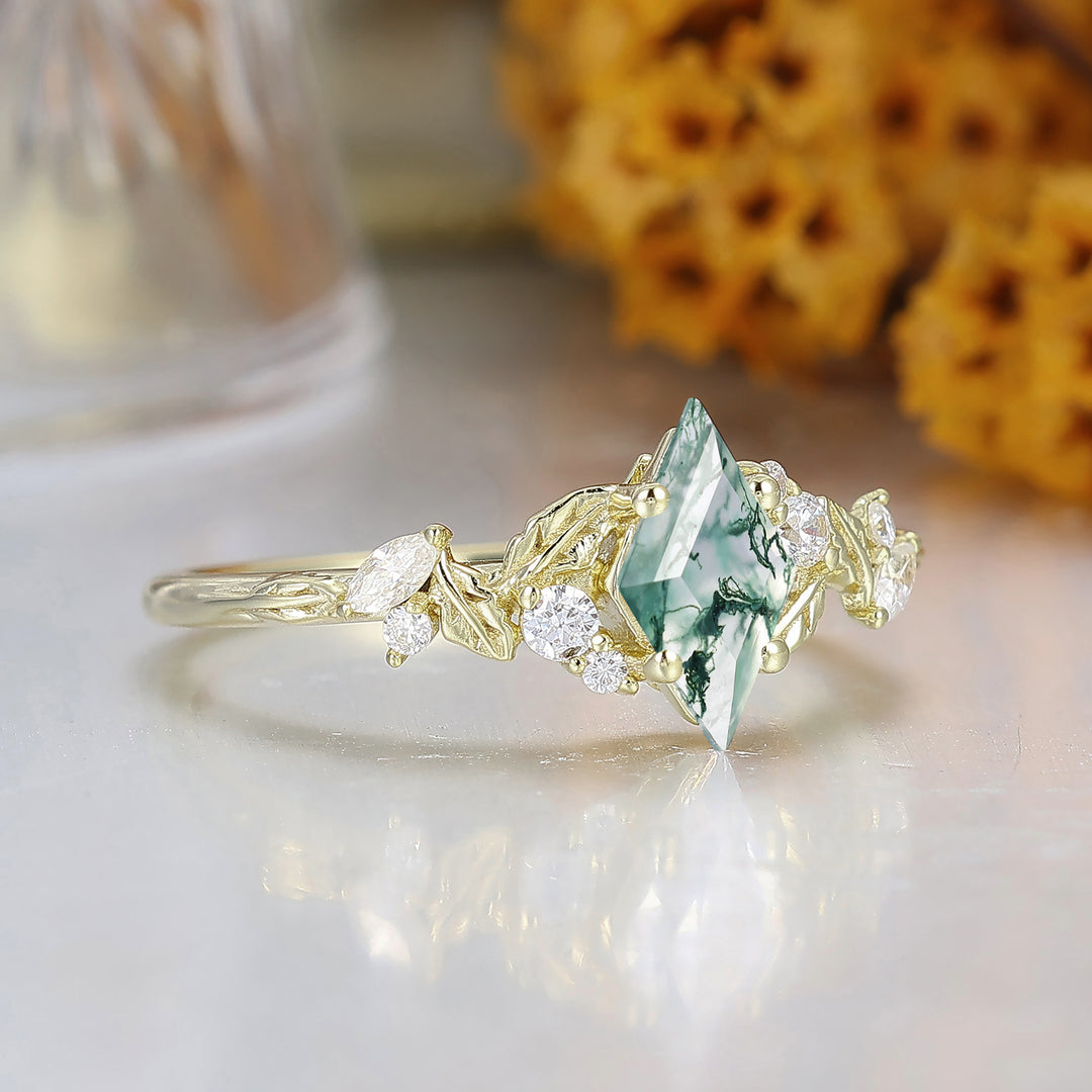 Natural Inspired Rhombus Shape  Moss Agate Engagement Ring Leaf Style Bridal Ring