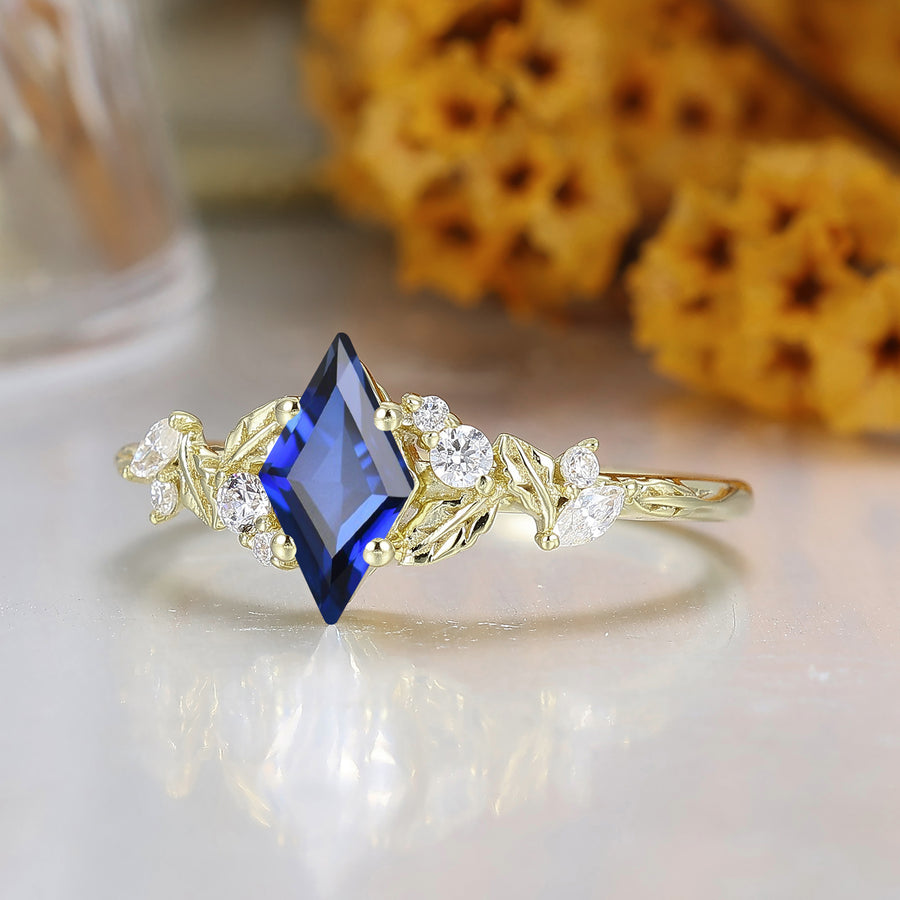 Leaf Inspired Rhombus Cut Sapphire Engagement Ring Solid Gold Women Wedding Ring