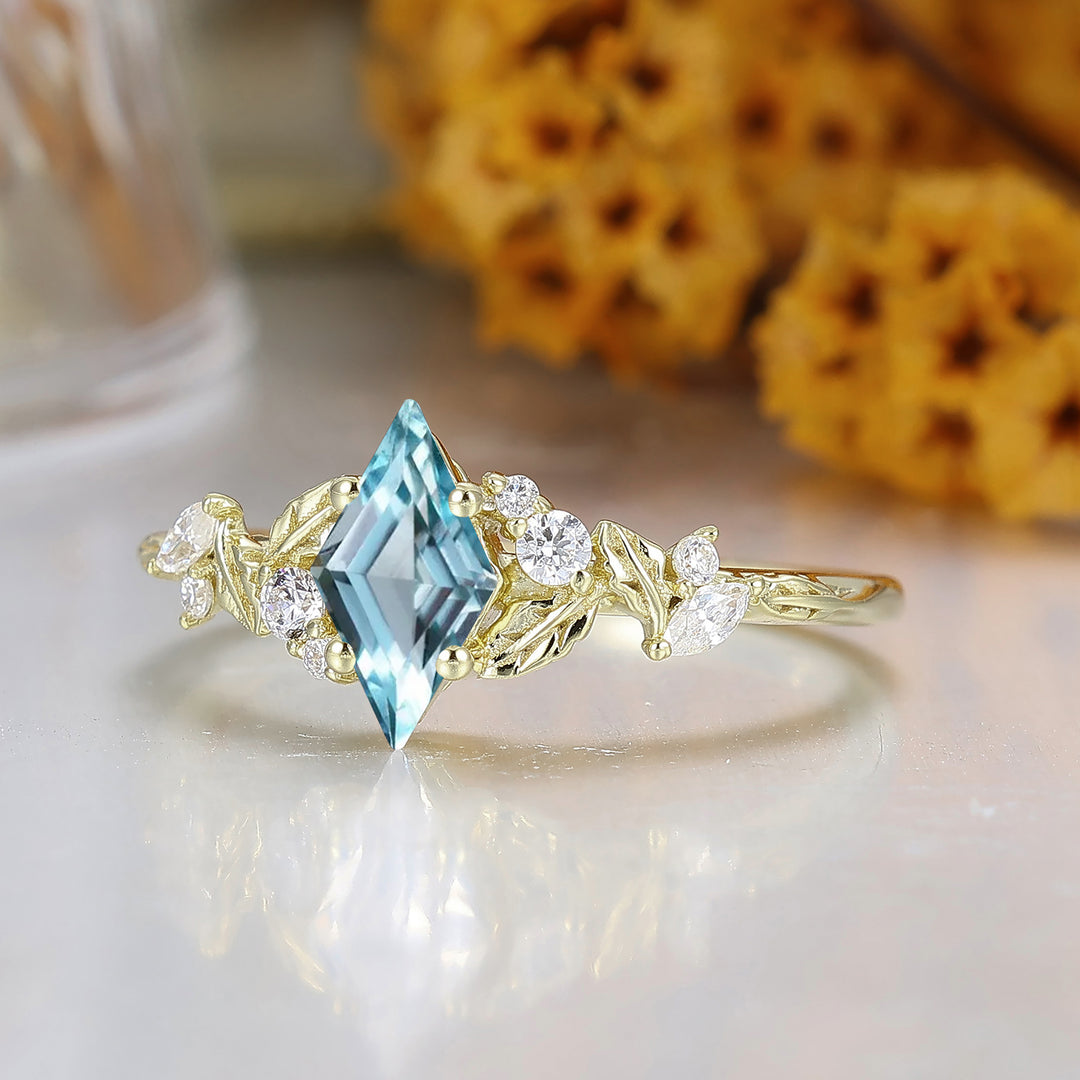 Natural Inspired Rhombus Shape Aquamarine Engagement Ring Leaf Style March Birthstone Bridal Ring