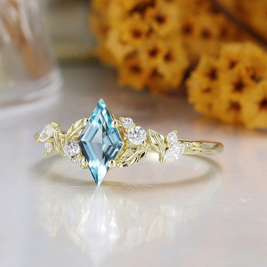 Natural Inspired Rhombus Shape Aquamarine Engagement Ring Leaf Style March Birthstone Bridal Ring