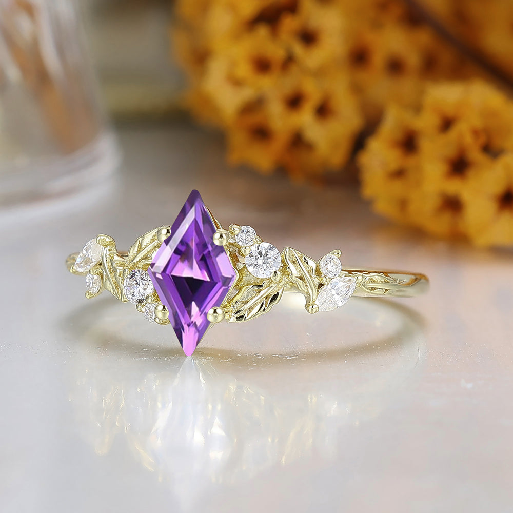 Leaf Inspired Rhombus Cut Natural Amethyst Engagement Ring Solid Gold Women Wedding Ring