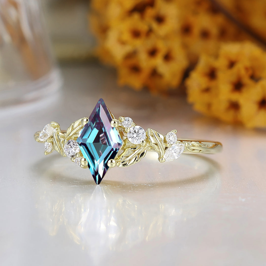 Natural Inspired Rhombus Shape Alexandrite Engagement Ring Leaf Style March Birthstone Bridal Ring