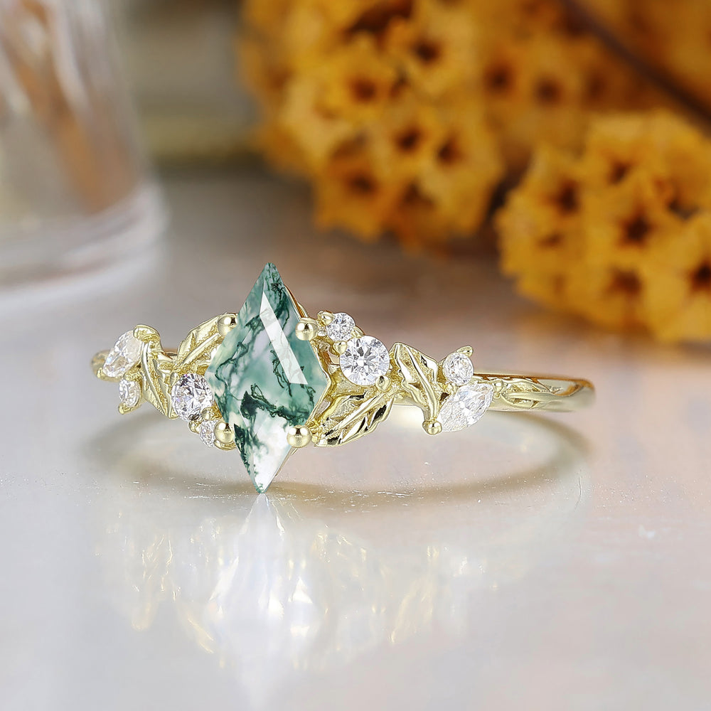 Natural Inspired Rhombus Shape  Moss Agate Engagement Ring Leaf Style Bridal Ring