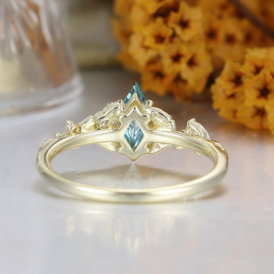 Natural Inspired Rhombus Shape Aquamarine Engagement Ring Leaf Style March Birthstone Bridal Ring