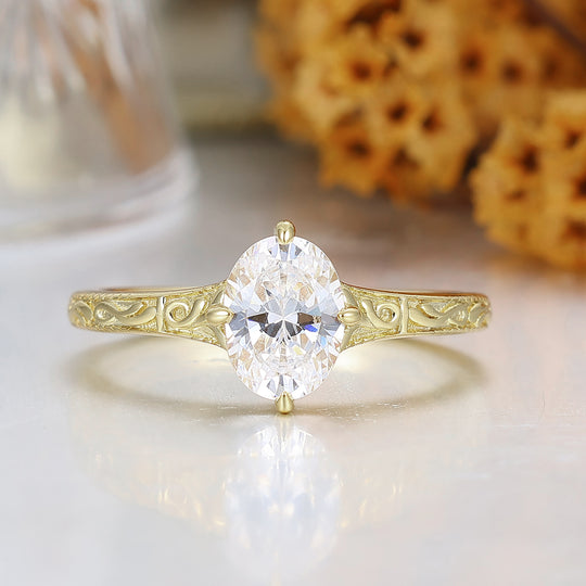 Vintage Inspired Oval Moissanite Vine Engagement Ring 18K Filigree Engraved Bridal Ring