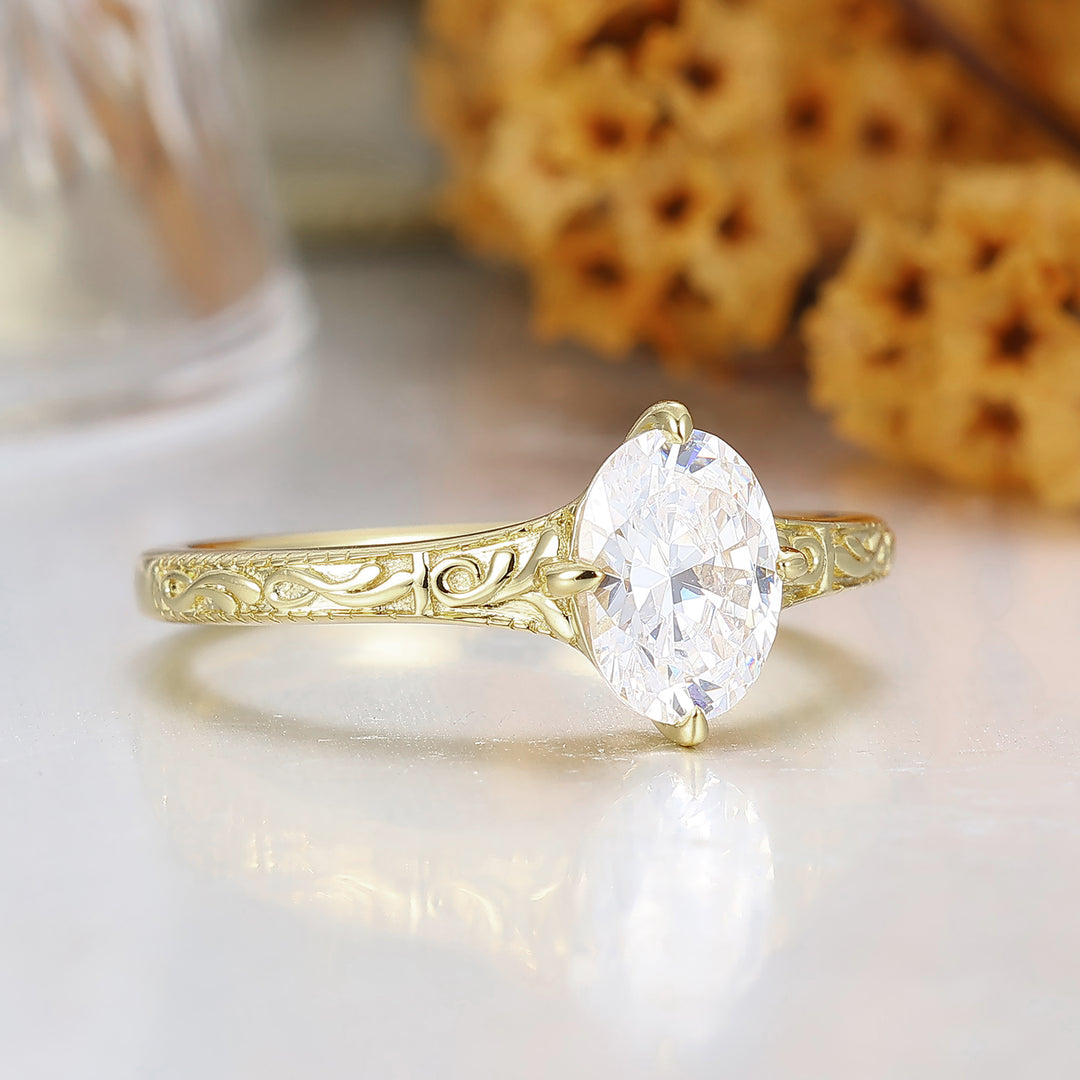 Vintage Inspired Oval Moissanite Vine Engagement Ring 18K Filigree Engraved Bridal Ring