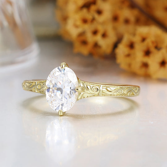 Vintage Inspired Oval Moissanite Vine Engagement Ring 18K Filigree Engraved Bridal Ring