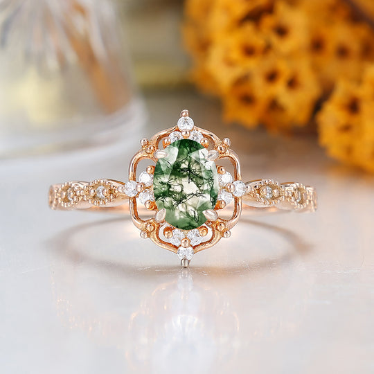 Zierlicher 1CT Ovaler Moosachat-Verlobungsring mit Moissanit-Einlage für Damen, Feiner Ring