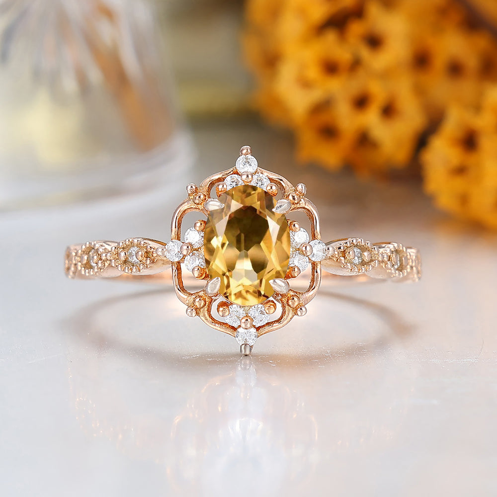 Dainty Filigreed Citrine Engagement Ring 14K Rose Gold Anniversary Promise Ring For Women