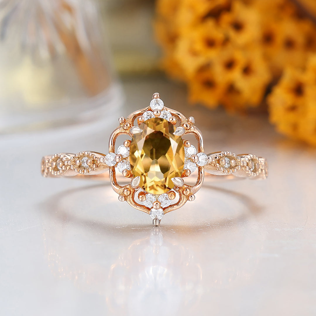 Dainty Filigreed Citrine Engagement Ring 14K Rose Gold Anniversary Promise Ring For Women