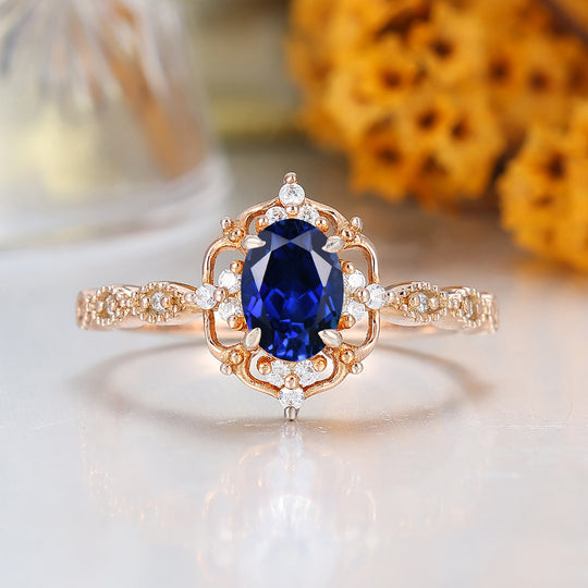 Antique Style Oval Cut Sapphire Cluster Engagement Ring Purple Gemstone Ring