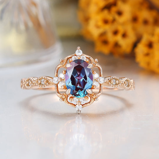 Vintage Filigree Alexandrite Engagement Ring 14K Rose Gold Milgrain Alexandrite Women Rings
