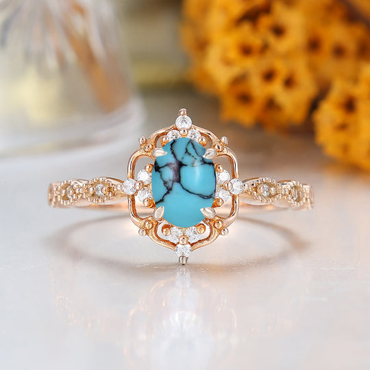Dainty Filigreed Turquoise Engagement Ring 14K Rose Gold Anniversary Promise Ring For Women