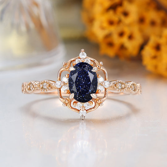 Vintage Filigreed Blue Sandstone Women Ring 1CT Oval Cut Blue Sandstone Rose Gold Bridal Ring