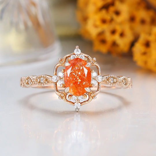 Anillo de compromiso para mujer con racimo de piedra solar natural de corte ovalado de 1CT, regalo