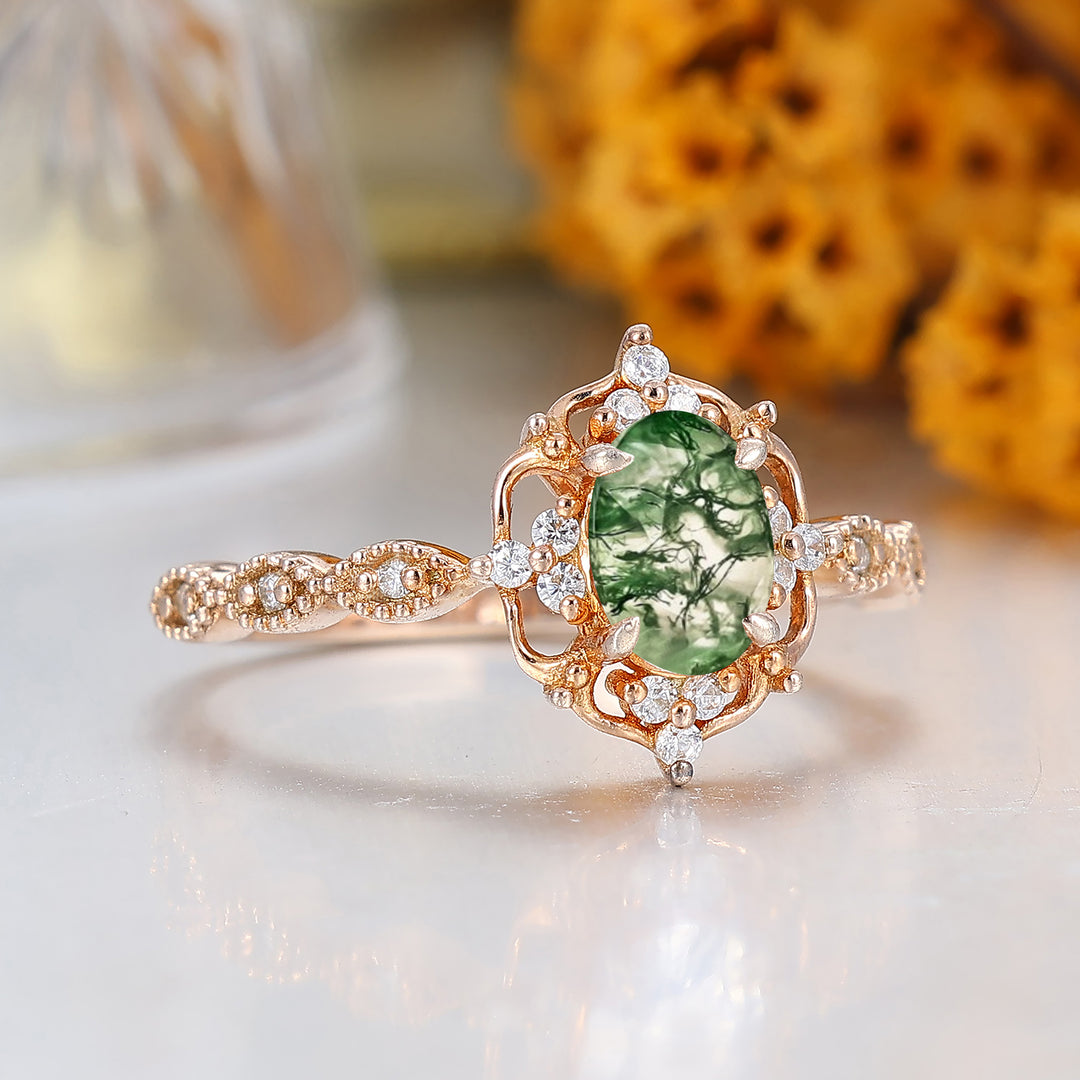 Zierlicher 1CT Ovaler Moosachat-Verlobungsring mit Moissanit-Einlage für Damen, Feiner Ring