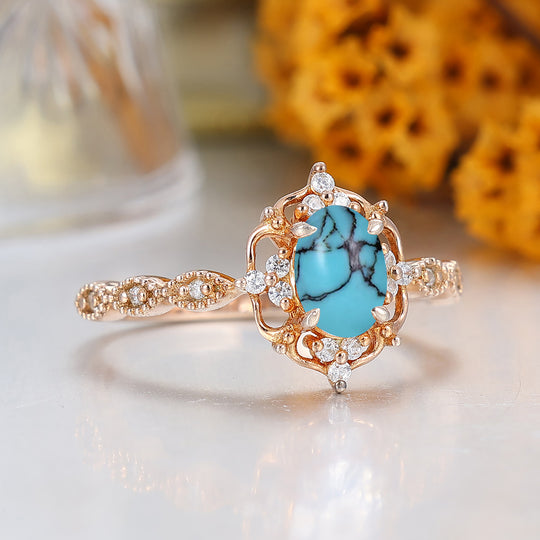 Dainty Filigreed Turquoise Engagement Ring 14K Rose Gold Anniversary Promise Ring For Women